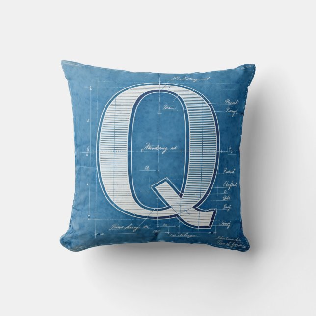 Blaupause-Monogramm Buchstabe Q Kissen (Vorderseite)
