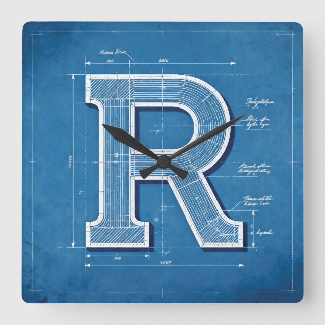 Blaupause-Monogramm Buchstabe R Quadratische Wanduhr (Vorderseite)
