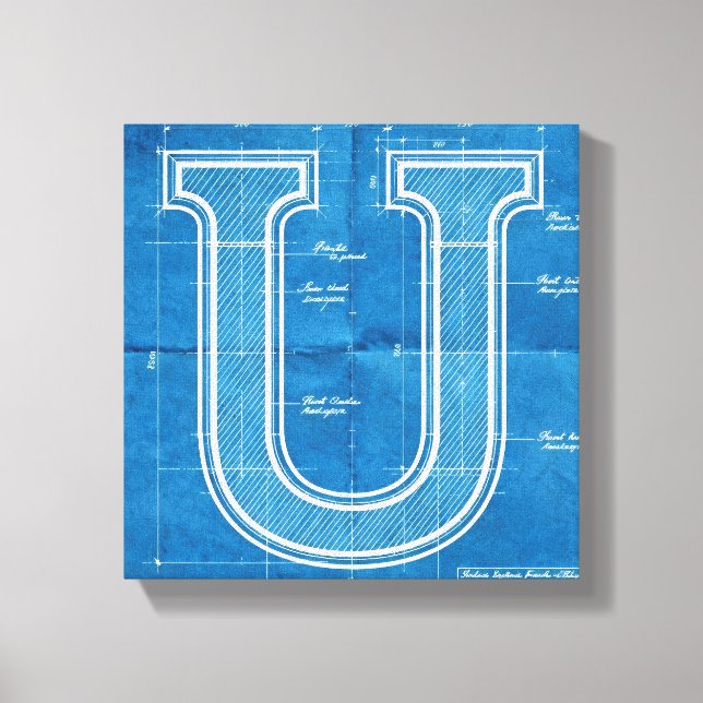 Blaupause-Monogramm Buchstabe U Leinwanddruck (Vorderseite)