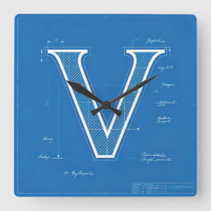 Blaupause-Monogramm Buchstabe V Quadratische Wanduhr