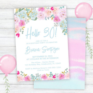 Blaupink Peach Lila Floral 30. Geburtstag Party Einladung