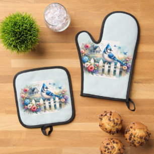Blauraben-Cottage-Garten-Zaun-Szene Ofenhandschuh & Topflappen-Set