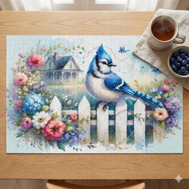 Blauraben-Cottage-Garten-Zaun-Szene Puzzle (Blue Jay Cottage Garden Fence Scene Jigsaw Puzzle Mockup 1)