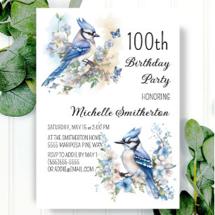 Blauraben-Vogel-Blumen-Frühling 100. Geburtstag Einladung