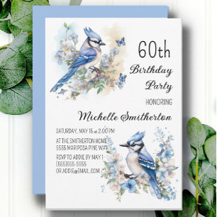 Blauraben-Vogel-Blumen-Frühling 60. Geburtstag Einladung