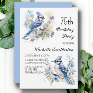 Blauraben-Vogel-Blumen-Frühling 75. Geburtstag Einladung