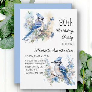 Blauraben-Vogel-Blumen-Frühling 80. Geburtstag Einladung