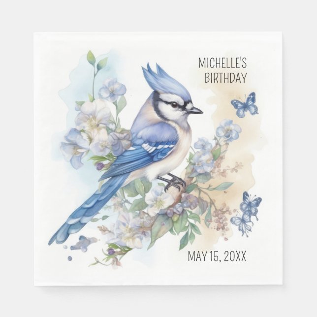 Blauraben-Vogelfl Blumen Geburtstagsname Serviette (Vorderseite)