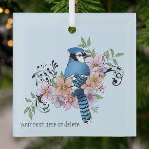 Blauraben-Vogelfrühlingsblumen-Naturillustration Ornament Aus Glas