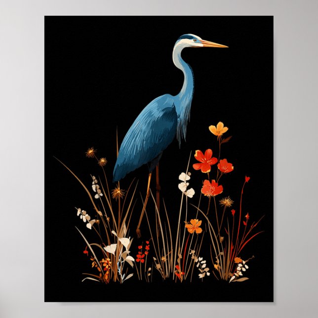 Blaureiher-Blumen-Wildblumen-Vogelbeobachtung Poster (Vorne)