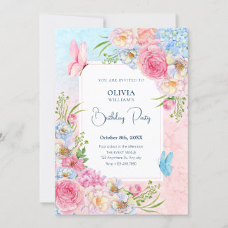 Blaurosa Aquarellfarben Blume Geburtstag Einladung