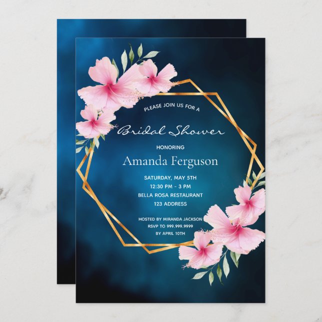 Blaurosa Blume geometrisches Brautparty Einladung (Vorne/Hinten)