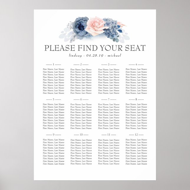 Blaurosa Blumenmuster Hochzeitsstift Poster (Vorne)