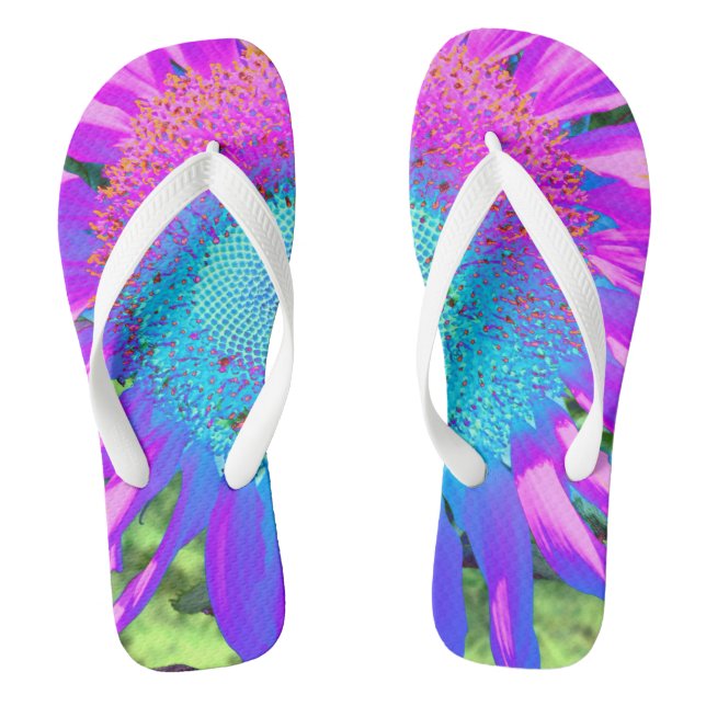 Blaurosa funky Retro-Sonnenblumen Foto Flip Flops (Fußbett)