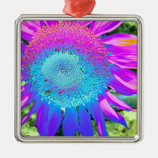 Blaurosa funky Retro-Sonnenblumen Foto Ornament Aus Metall (Vorne)