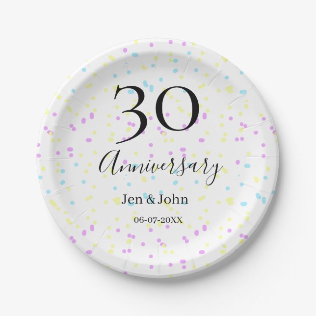 Blaurosa gelbe Polka Punkte 30-jähriger Jubiläumsn Pappteller (Vorderseite)