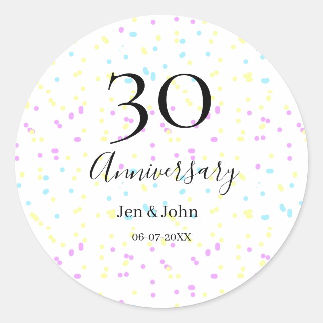 Blaurosa gelbe Polka Punkte 30-jähriger Jubiläumsn Runder Aufkleber (Vorderseite)