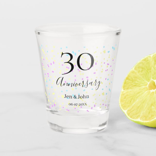 Blaurosa gelbe Polka Punkte 30-jähriger Jubiläumsn Schnapsglas (Vorderseite)