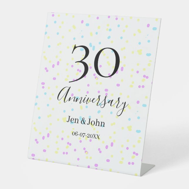 Blaurosa gelbe Polka Punkte 30-jähriger Jubiläumsn Sockelschild (Vorderseite)