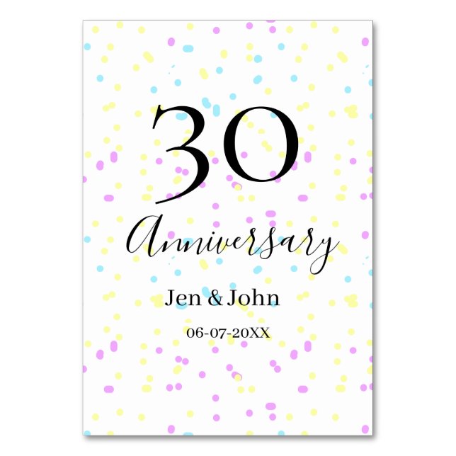 Blaurosa gelbe Polka Punkte 30-jähriger Jubiläumsn Tischnummer (Vorderseite)