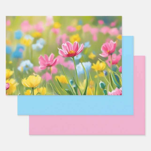 Blaurosa Gelbe Wilde Blume Feld 2025 Geschenkpapier Set (Set)