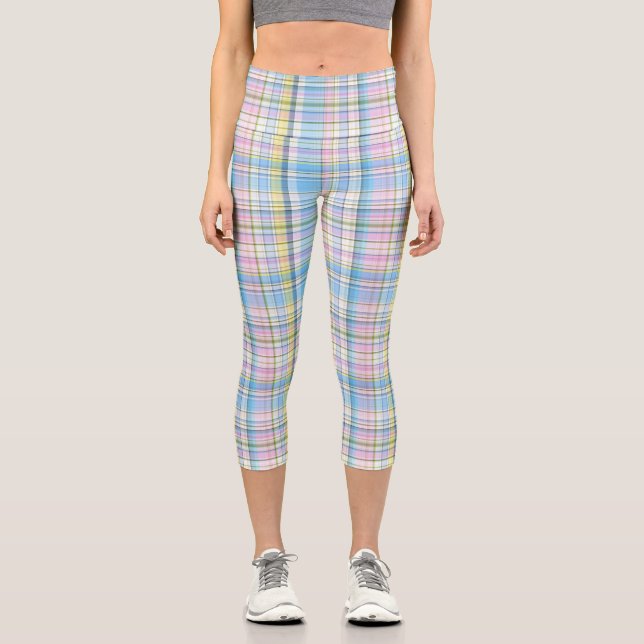 Blaurosa Gelbweiße Preppy Madras Kariert Capri Leggings (Vorderseite)