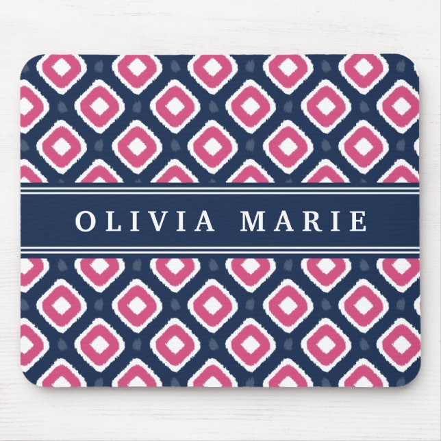 Blaurosa Ikat-Mod-Muster mit Namen Mousepad (Vorne)