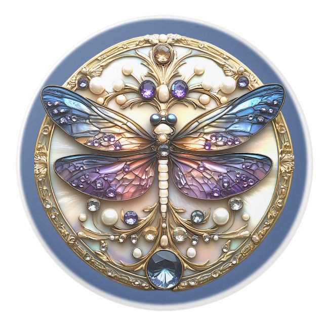 Blaurosa Libelle Perlen Wertvolle Steine Keramikknauf (Vorderseite)