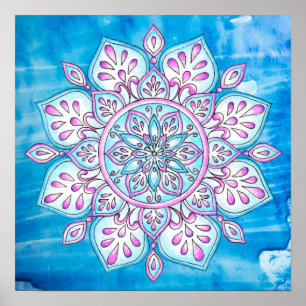 Blaurosa Lila verzauberte Wasserfarbe Mandala Poster