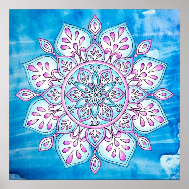 Blaurosa Lila verzauberte Wasserfarbe Mandala Poster (Vorne)