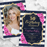 Blaurosa Navy Foto 50. Geburtstag Einladung<br><div class="desc">Elegante florale feminine 50. Geburtstagseinladung mit Ihrem Foto auf der Kartenrückseite. Glam Marineblau weiß rosa Design mit Imitaten Glitzer Gold. Die Ausstattung umfasst blaue und weiße Streifen, Pink-Rosen für Babys, Script-Schriftart und Konfetti. Ideal für ein stilvolles Party für Erwachsene. Personalisieren Sie Ihre persönlichen Daten. Kann für jedes Alter angepasst werden!...</div>