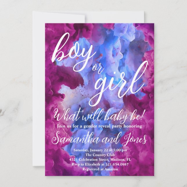 Blaurosa Rauchergeschlecht offenbartes Party Einladung (Vorderseite)