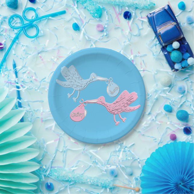 Blaurosa Storchen Pappteller (Party)