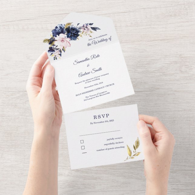 Blaurosa und Goldvorlage All In One Einladung (Abreißen)