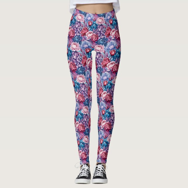 Blaurosa und Lila Blume Leggings (Vorderseite)
