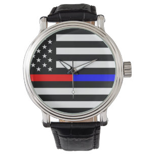 Blaurot-dünne Linie Polizei Feuerwehr Symbol usa Armbanduhr