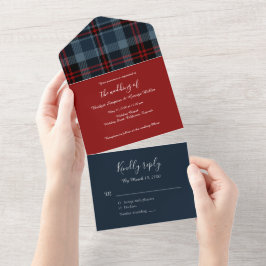 Blaurot-Schottische Hochzeit keltischer Tartan kar All In One Einladung