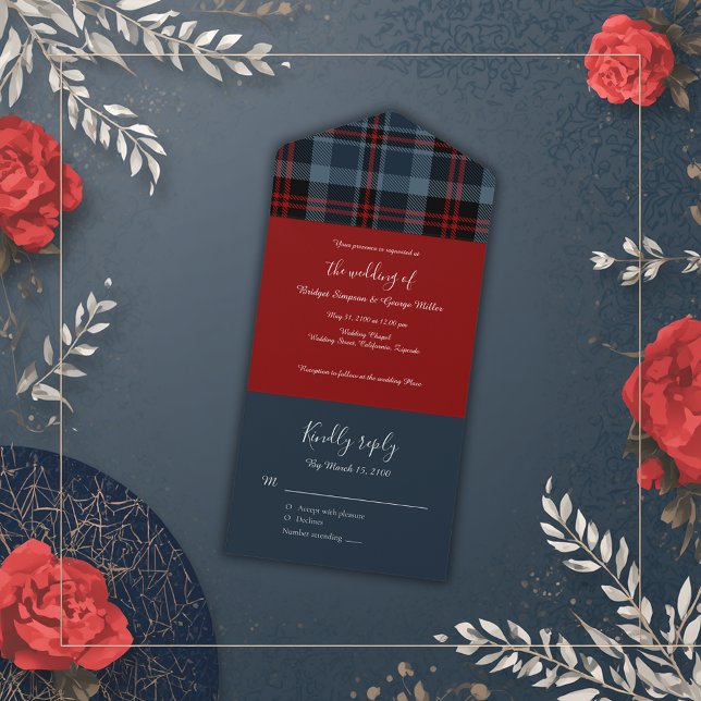 Blaurot-Schottische Hochzeit keltischer Tartan kar All In One Einladung (Von Creator hochgeladen)