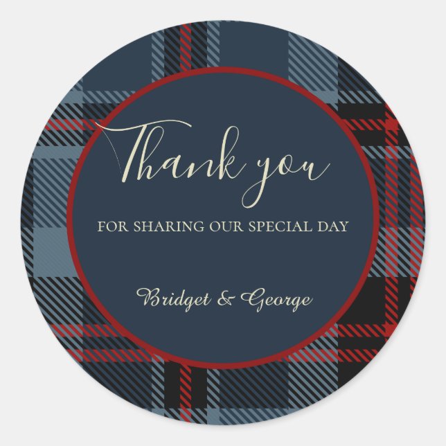 Blaurot-schwarz-keltisches Tartan-Muster Runder Aufkleber (Vorderseite)