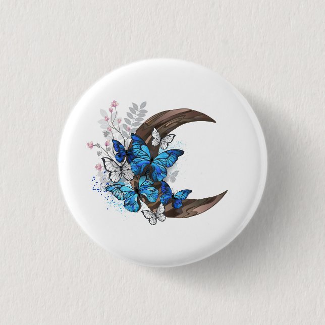 Blauschmetterlinge auf Holzhalbzeugen Button (Vorderseite)