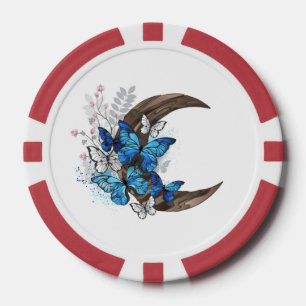 Blauschmetterlinge auf Holzhalbzeugen Pokerchips