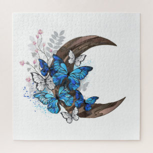 Blauschmetterlinge auf Holzhalbzeugen Puzzle