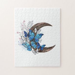 Blauschmetterlinge auf Holzhalbzeugen Puzzle