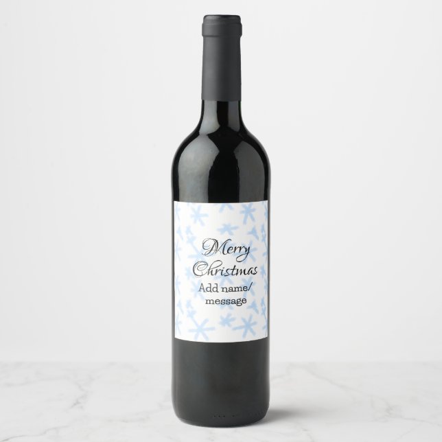 Blauschneeflocken Weihnachtsmuster Schneemuster Weinetikett (Vorderseite)