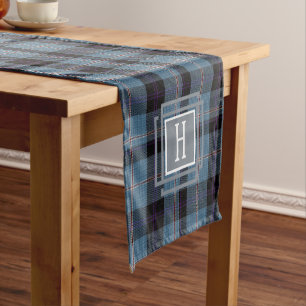 Blauschwarzes Tartan-Monogramm Kurzer Tischläufer