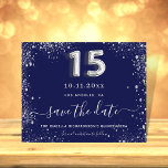 Blausilber Save the Date aus Quinceanera Ankündigungspostkarte<br><div class="desc">Ein trendiger Save the Date für eine Quinceañera, 15. Geburtstagsfeier. Ein marineblau Hintergrund mit Imitaten verziert silbernen Glitzer, Glitzern. Die blaue Farbe ist ungleichmäßig. Personalisieren und fügen Sie Datum und Name/Alter hinzu. Der Text: Save the Date ist mit einem großen angesagten, handgeschriebenen Stilskript geschrieben. Nummer 15 mit einem silbernen Schriftart...</div>