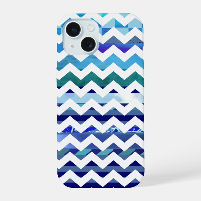 Blautöne gemustert Chevron iPhone 15 Hülle (Rückseite)