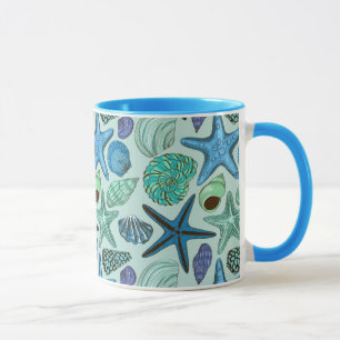 Blautöne-Muster mit Muscheln und Seesternen Tasse