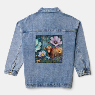 Blaüugige Highland-Kuh, bunte Kosmos-Blumen Jeansjacke