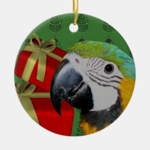 Blauund Goldmacaw-Papageien-Weihnachtsverzierung Keramikornament